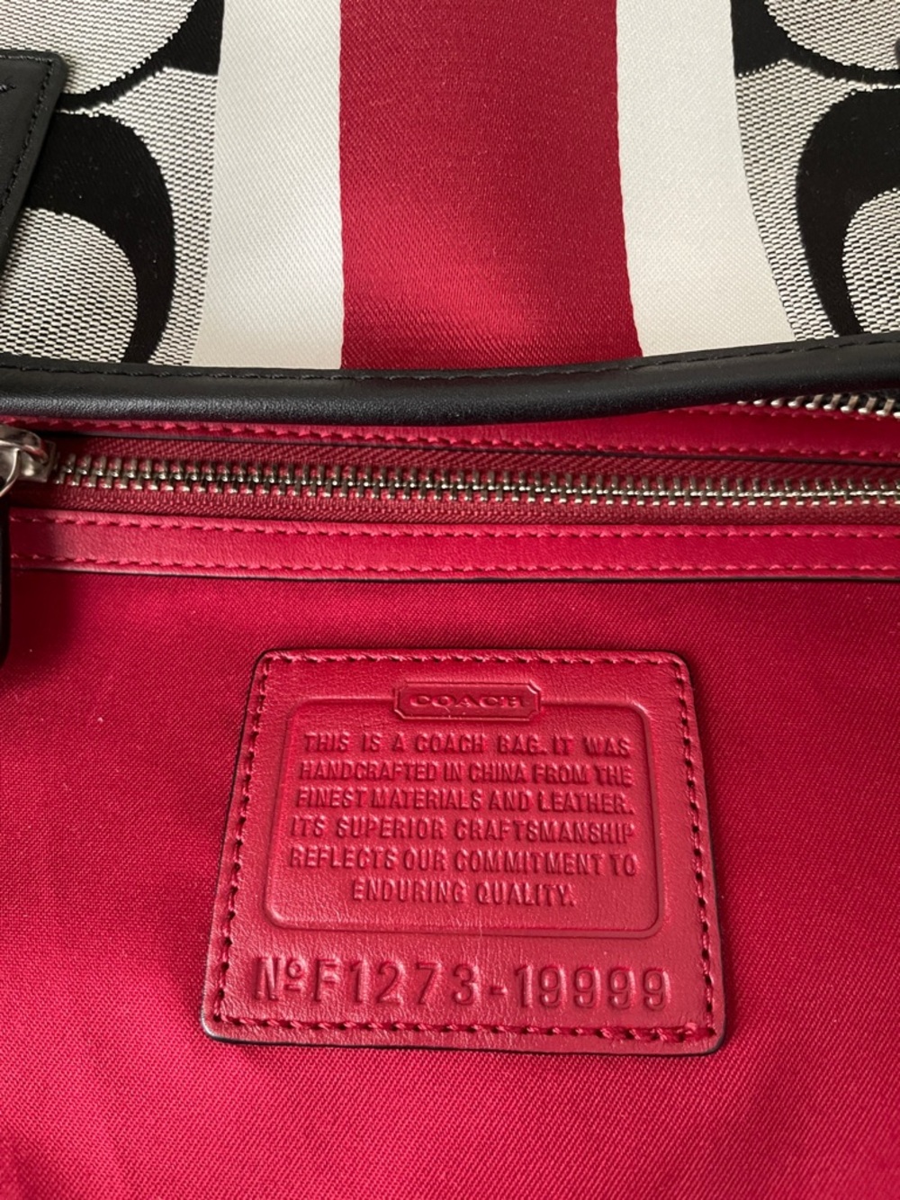 Coach Signature Stripe Tote Bag in Black, Gray & Red - Picture 9 of 10